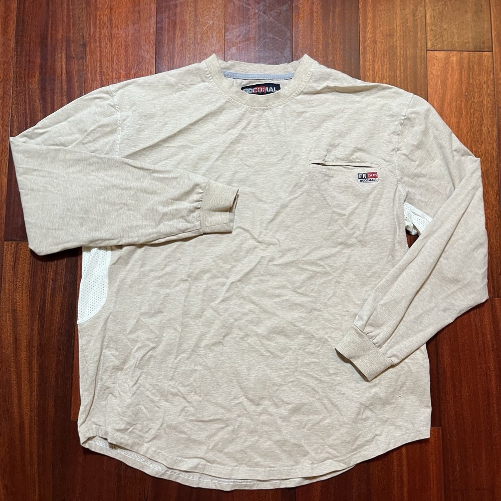 Bocomal FR Shirt Mens XL Tan Long Sleeve Vented Crewneck Tee T Shirt Work READ
